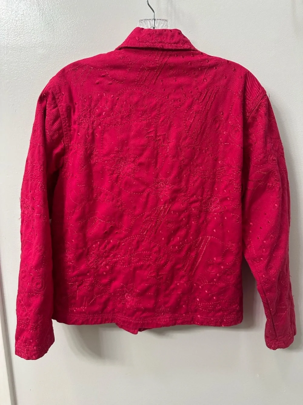 Chico's Design Pink Embroidered Jacket Cotton Floral Boho Art Jacket Sz. 0 Small